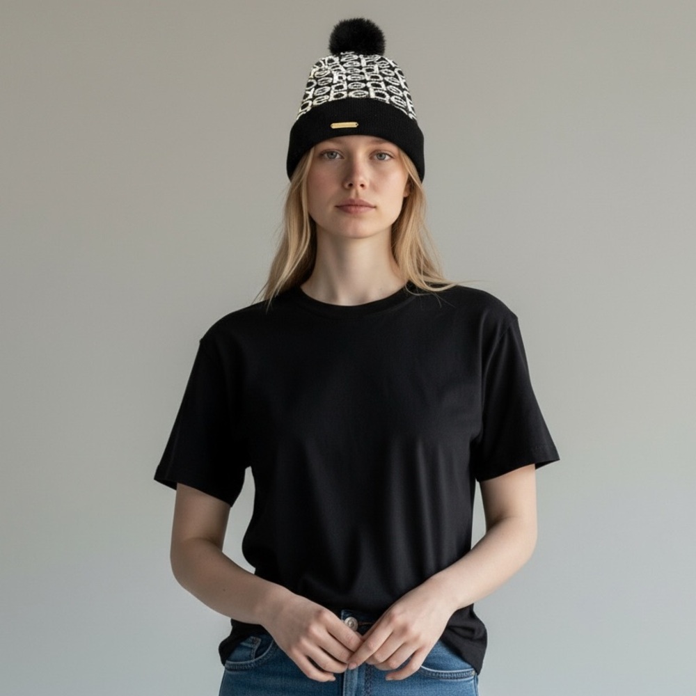 New BEBE WOMEN'S Black White KNIT POM POM BEANIE HAT